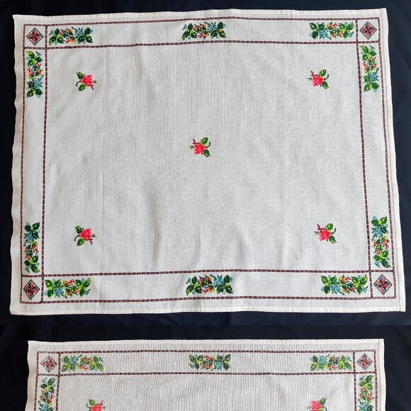 VTG Hand Embroidery Cross Stitch Roses Borders Tablecloth Table Topper 40"X31" - Picture 12 of 15